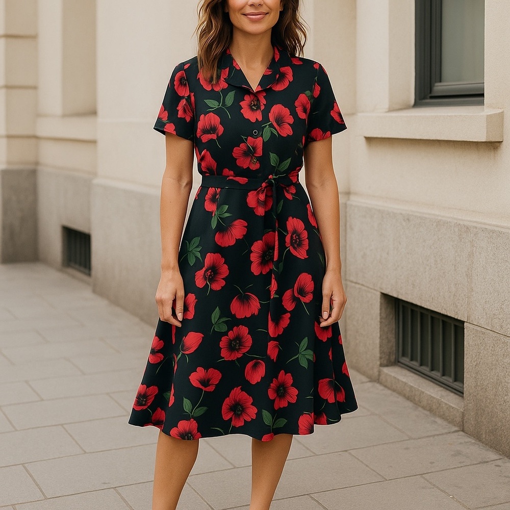 Chaus Skirt Shirt Top Floral Black Red Short Sleeve MIDI Coord Set 12